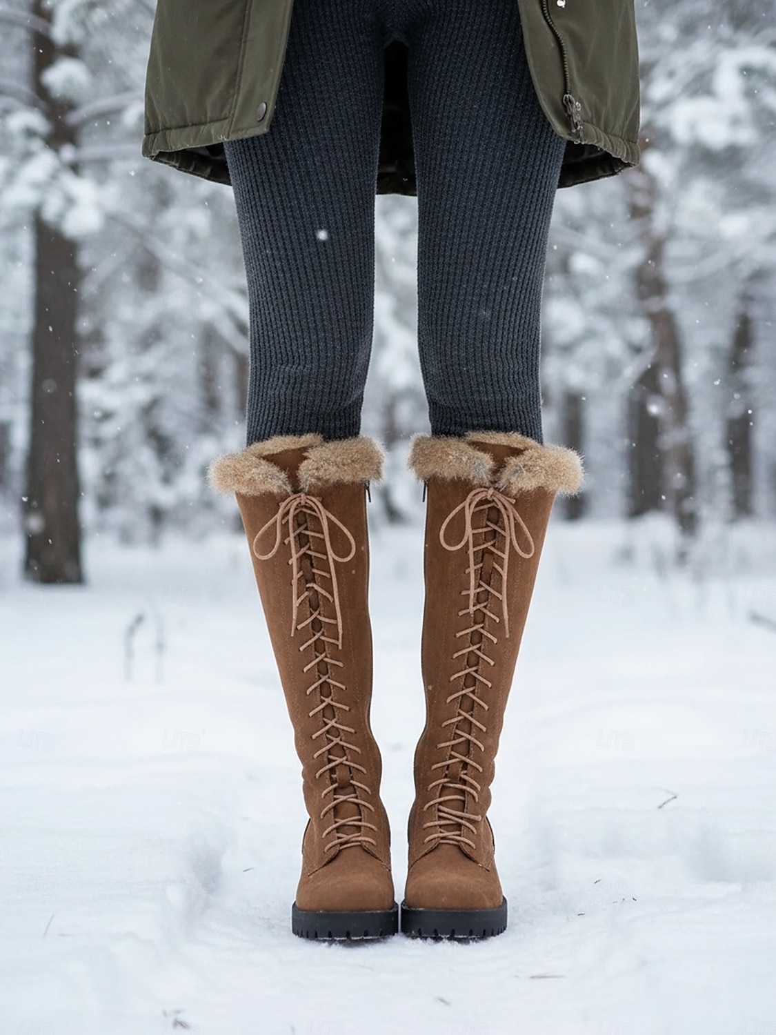 Women's Brown Lace-Up Fur Lined Boots - Knee-High Winter Boots with Warm Faux Fur Collar for Outdoor Snow and Holiday Wear 2026 - $64.99 –P3