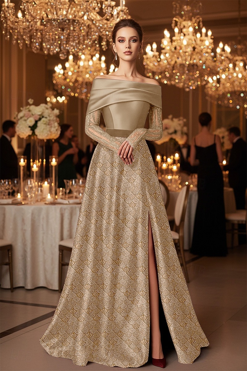 Robe de soirée A-Line noir et or à motif en écaille robe formelle élégante mariage formel longueur de sol sans manches épaules dénudées satin avec appliqué en dentelle perlé et plis fente de 2025 ? $164.99 –P5