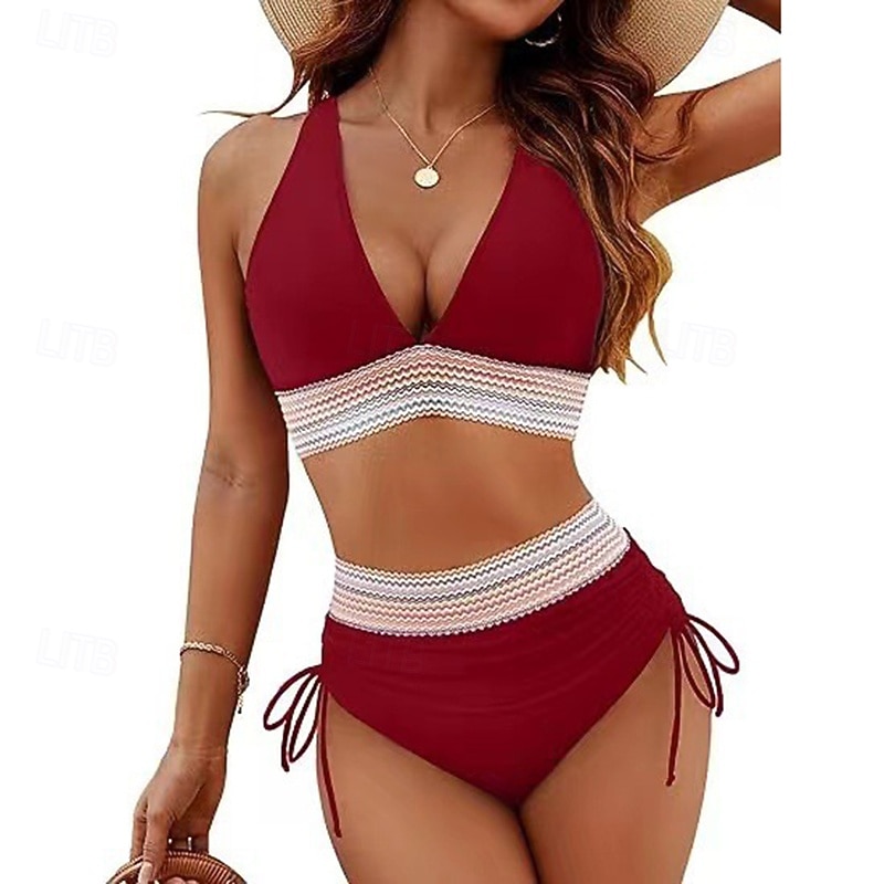 Dames Gerimpeld badpak Bikini-sets Zwemkleding Effen Zwemkleding Licht Blauw Zwart Ademend Mouwloos - Surfen Strand Zwemmen Zomer 2026 - $18.99 –P9