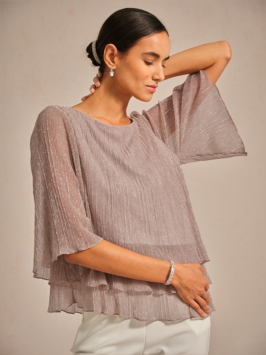 Dames Blouse Chiffon-topjes Kanten topjes Met ruches Schitteren Effen Kleur Elegant 3/4 mouw Strakke ronde hals Bruiloft gast Feestdagen Blozend Roze Zomer Lente Herfst 2026 - $59.99 –P6
