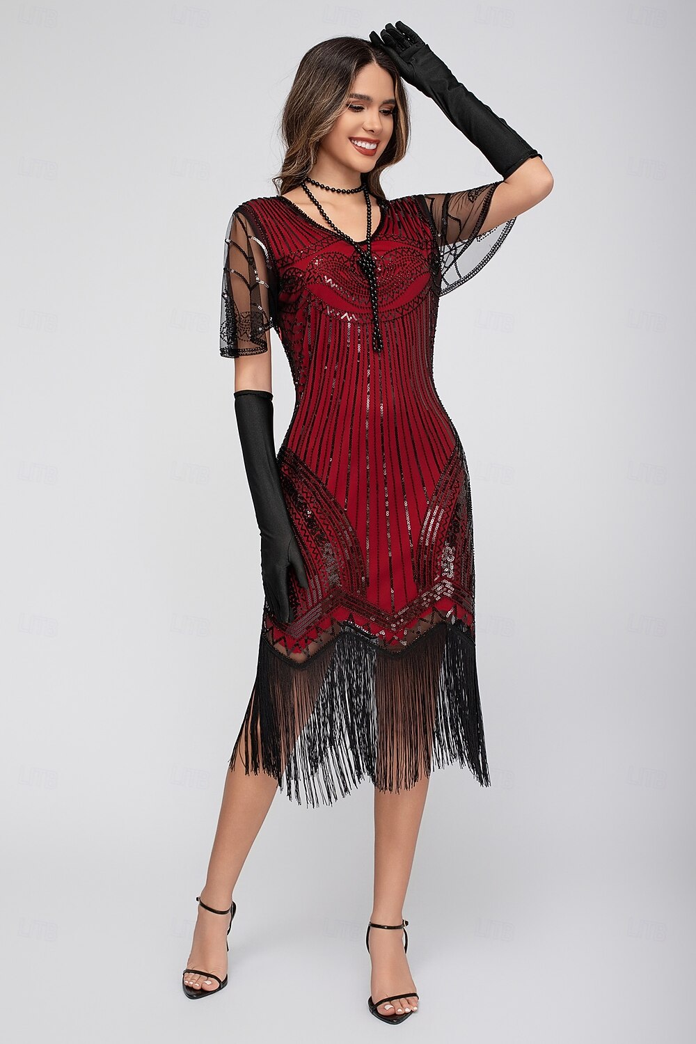 Goldene Zwanziger 1920er Knielang Flapper Kleid Kurze Ärmel Der große Gatsby Pailletten Fransen V Ausschnitt Kostüm Damen Weihnachten Karneval Flüsterkneipe Maskerade Retro-Mottoparty Erwachsene 2026 - $45.99 –P16