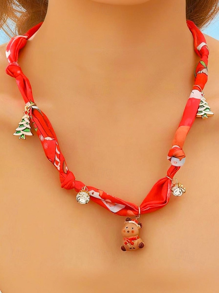 Naszyjnik świąteczny dla kobiet, wykonany ze stopu metali, tkaniny i akrylu, z motywem renifera, Świętego Mikołaja i choinki, idealny na przyjęcia świąteczne 2026 - $11.99 –P5