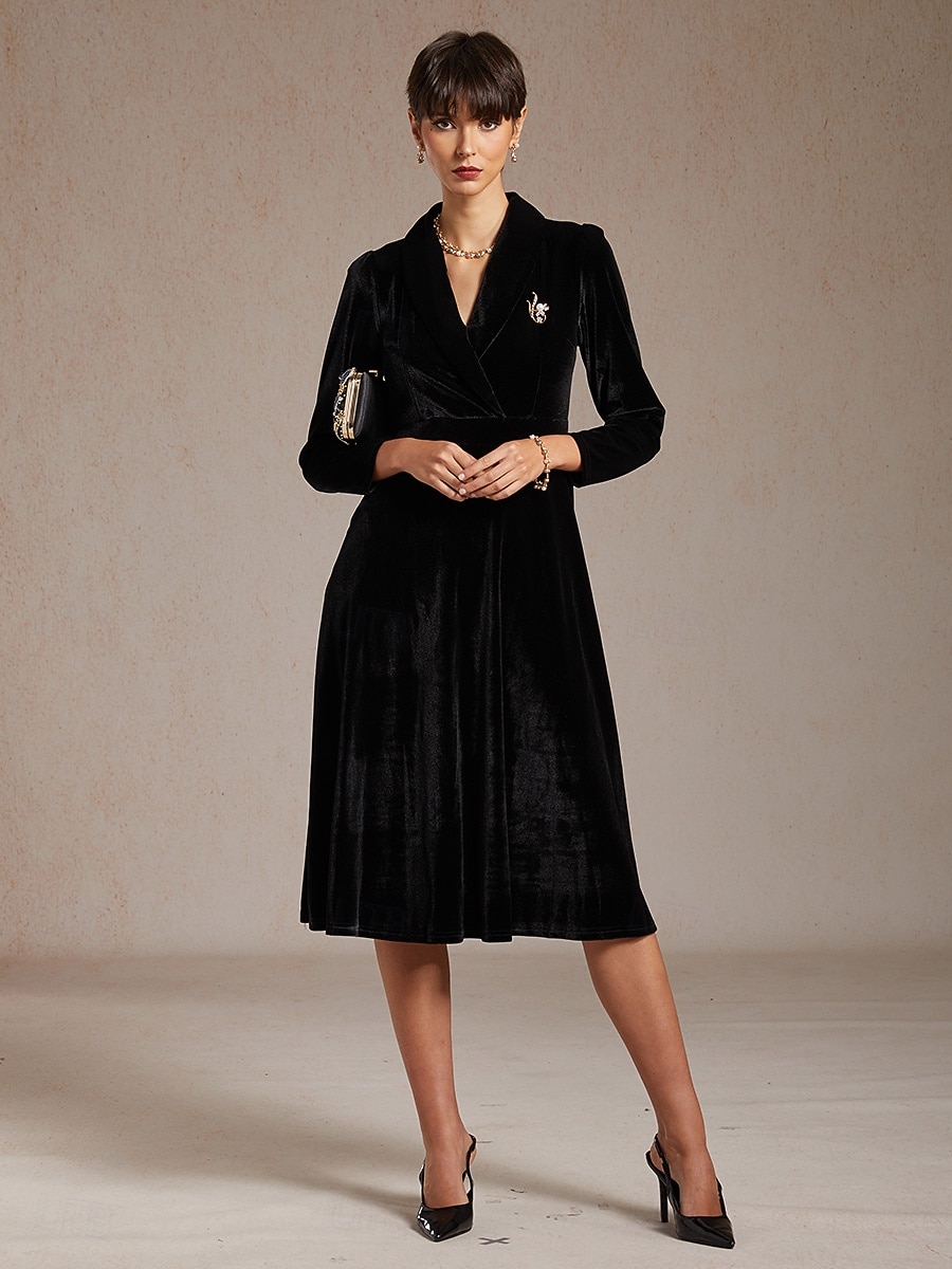 Femmes Robe Midi Robe trapèze Élégant Soirée Coupe régulière Couleur Unie manche longue Col en V Noir Printemps Automne Hiver de 2025 ? $129.99 –P8