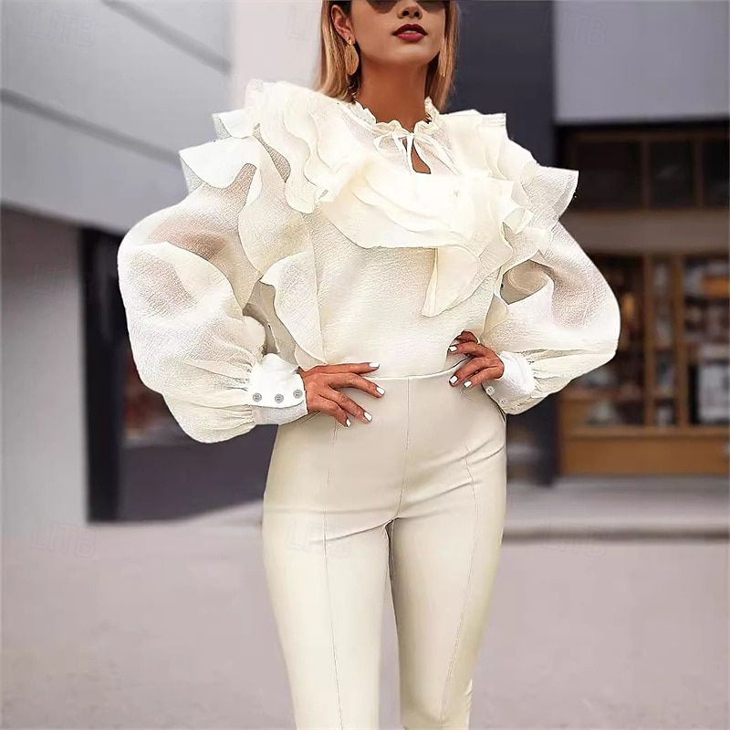 Pentru femei Bluză Topuri imbracate Topuri fluide Zdrobit Cu Șiret Bufantă Culoare solidă Simplu Elegant Epocă Drăguţ Manșon Lung Stil Nautic Topuri obișnuite Zilnic Muncă Concediu Galben Var 2026 - $26.99 –P1