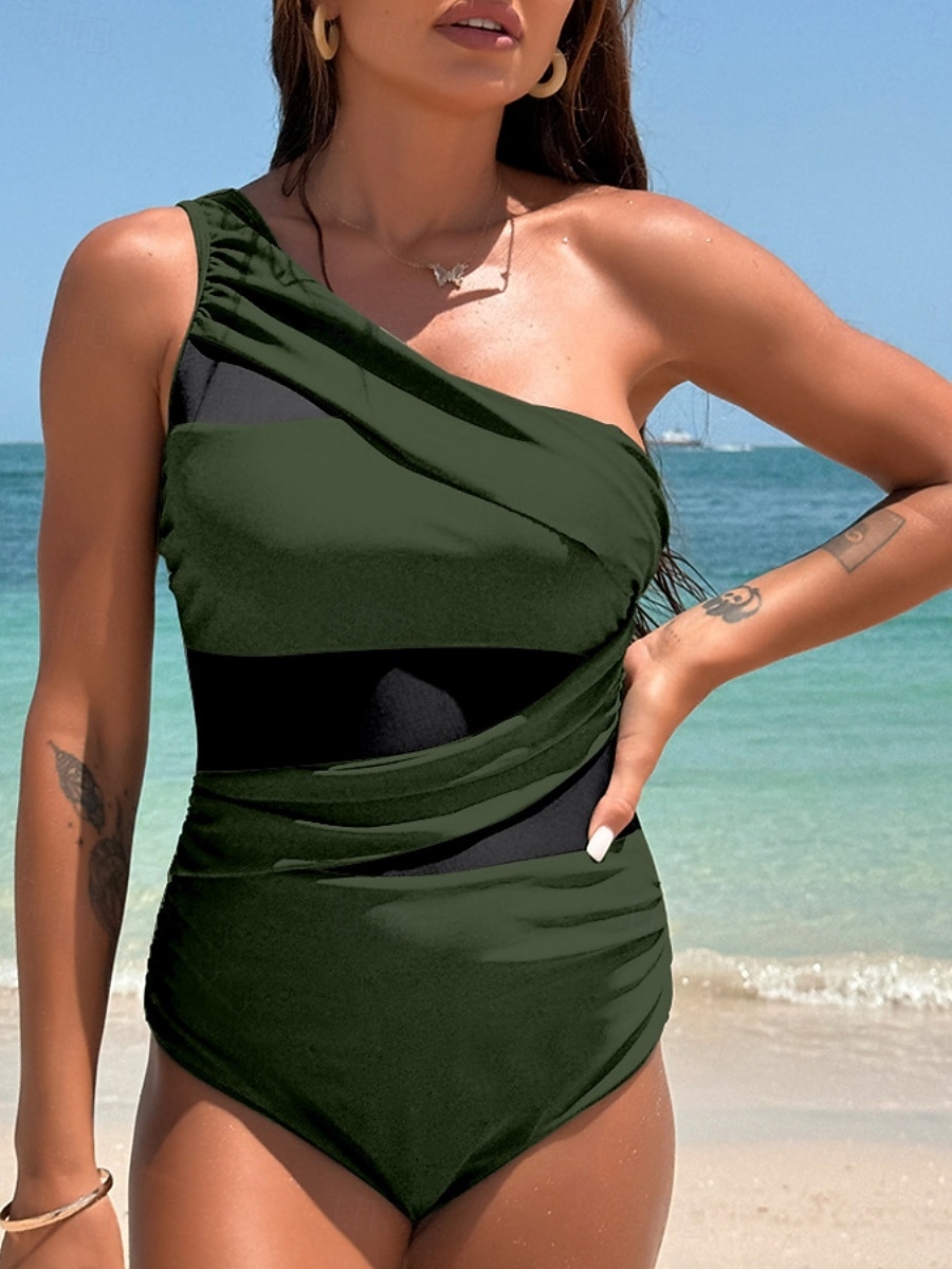 Dámské jednodílné plavky nabírané monokini síťové kontrola břicha vysoký pas štíhlé bez zadního dílu elegantní plážové oblečení v jednobarevné variantě halter krk bez rukávů 2026 - $28.99 –P4