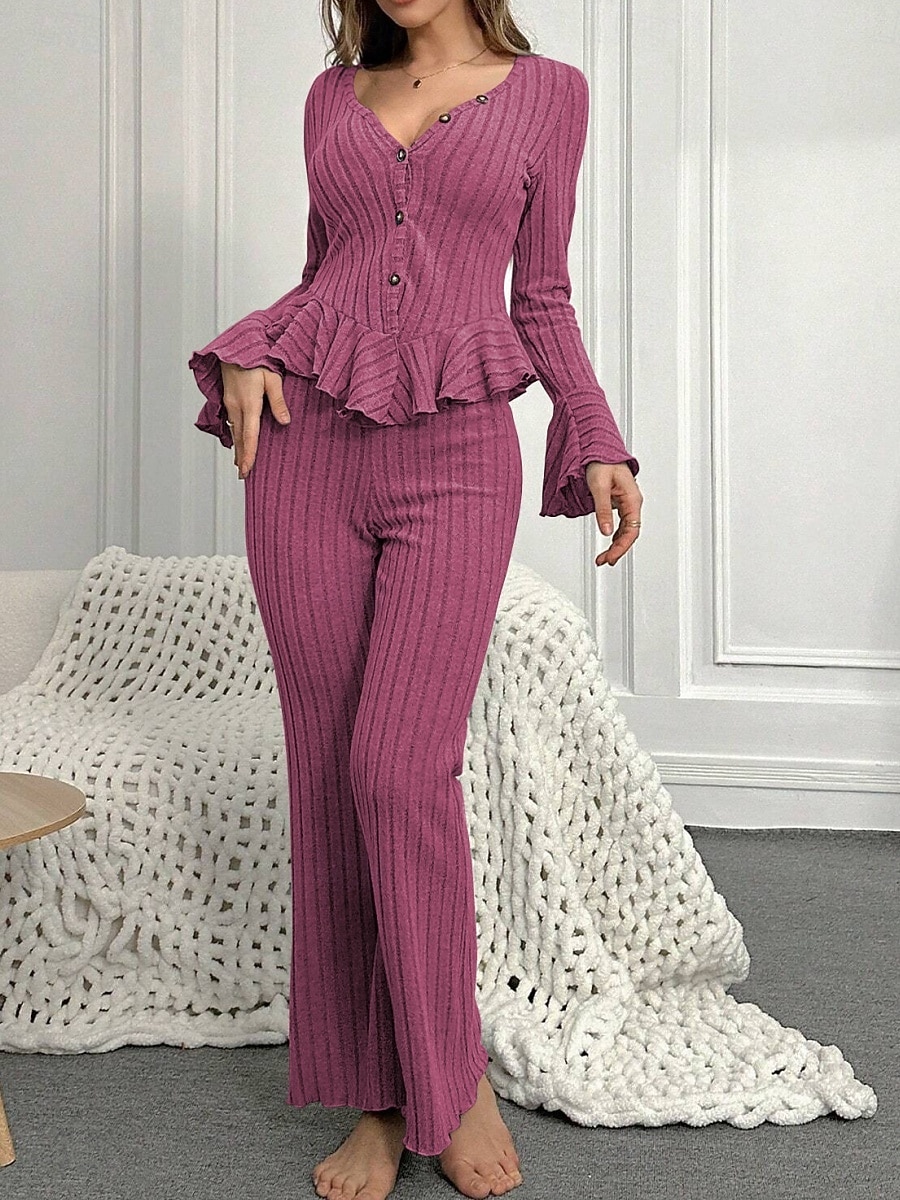 Femmes Ensemble Pyjama Occasionnel Confort Couleur Unie Taille Élastique Pantalon Maison Quotidien manche longue Col en V Noir Vin Fuchsia Gris Printemps Automne Hiver Coupe régulière de 2026 ? $21.99 –P11