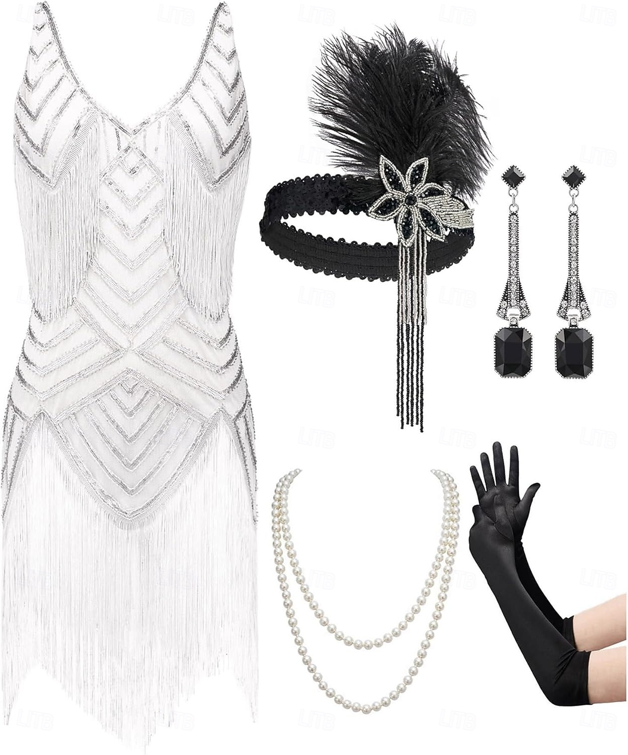 Set Anni Ruggenti Anni 1920 Mini Vestito Nozze Addio al celibato con accessori Senza maniche Il grande Gatsby Charleston Paillettes Frangia con nappe Piuma Scollo a V profondo Costume Per donna del 2026 a $76.99 –P1