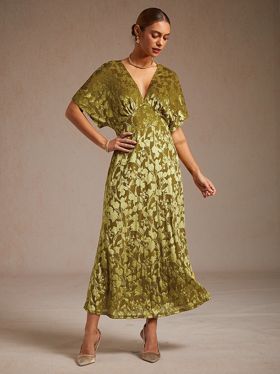 dames maxi-jurk a-lijn jurk fluweel elegant feest bruiloft gast bloemen blad halve mouw v-hals smaragdgroen lente herfst winter 2025 - $121.99 –P7