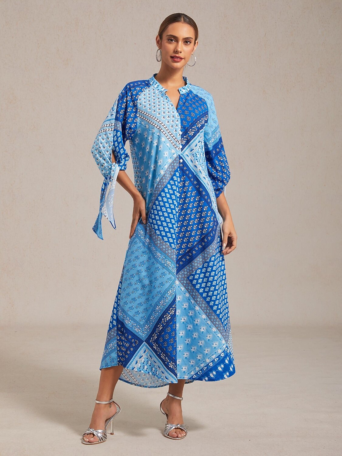 Damen Maxikleid geometrisch floral Patchwork Print Stehkragen 3/4 Ärmel Frühling Herbst 2026 - $91.99 –P4