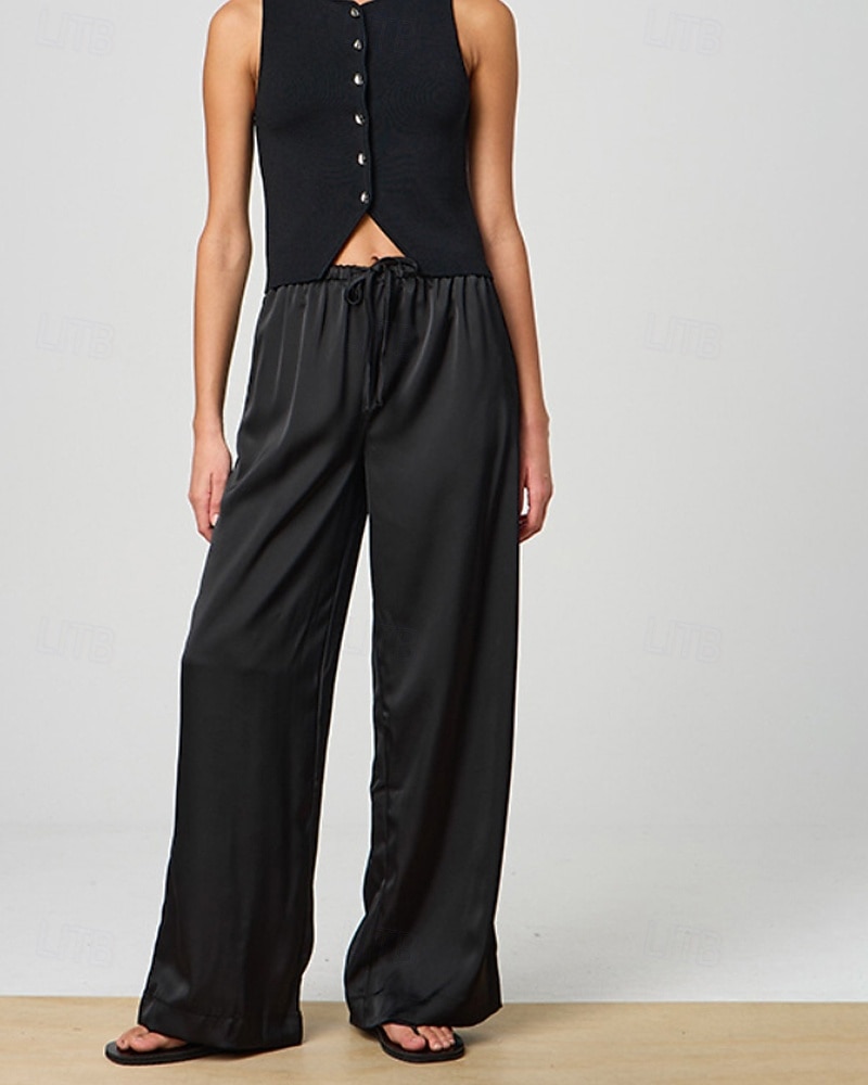 Damen Satinhosen Weites Bein Chinos Hosen Hose Streetwear Lässig Volle Länge Mittlere Taillenlinie Einfach Kordelzug Tasche Bequem Unelastisch Täglich Outdoor Schwarz Sommer Frühling Lässiger Schnitt 2026 - $27.99 –P3