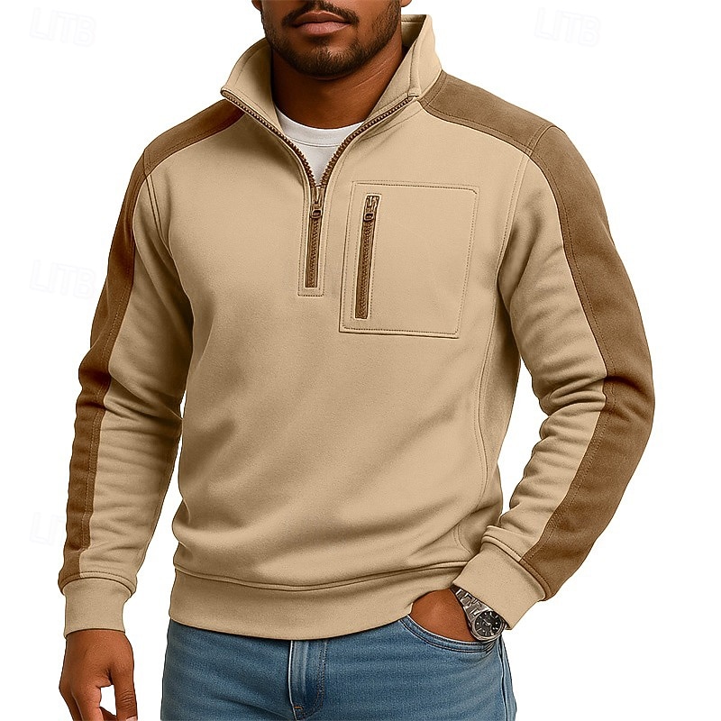 Men's Sweatshirt Pullover Quarter Zip Sweatshirt Black Burgundy Green Khaki Standing Collar Plain Patchwork Pocket Color Block Sports & Outdoor Casual Daily Vintage Streetwear Sportswear Spring 2026 - $34.99 –P4