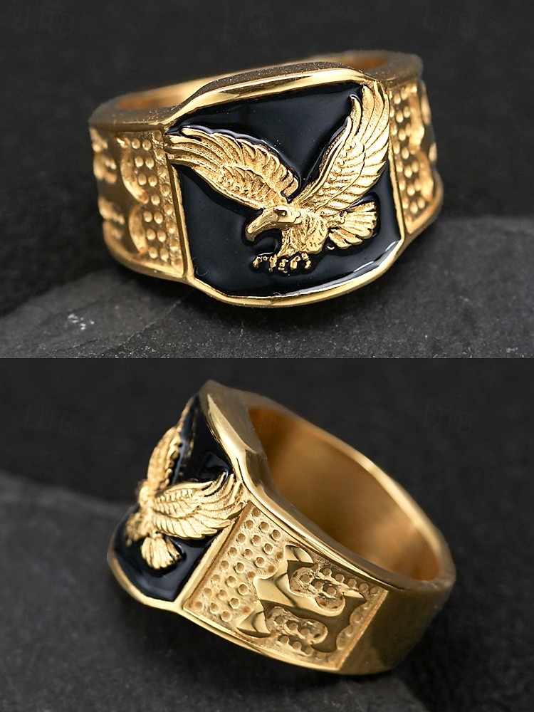 herenring van roestvrij staal met adelaarsmotief, zwart geëmailleerd ontwerp met gouden en zilveren afwerking, modieuze statementring, perfect voor casual of formele gelegenheden 2026 - $11.99 –P6