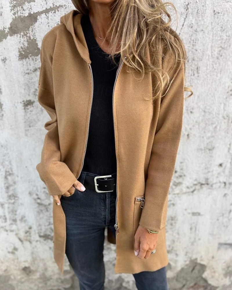 Damen Wintermantel Kapuzenjacke Warm Bequem Reißverschluss Tasche Lässig Einfach Outdoor Urlaub Heim Alltagskleidung Lang Mit Kapuze Normale Passform Langarm Oberbekleidung Schwarz Rote Kamel Herbst 2026 - $19.99 –P7