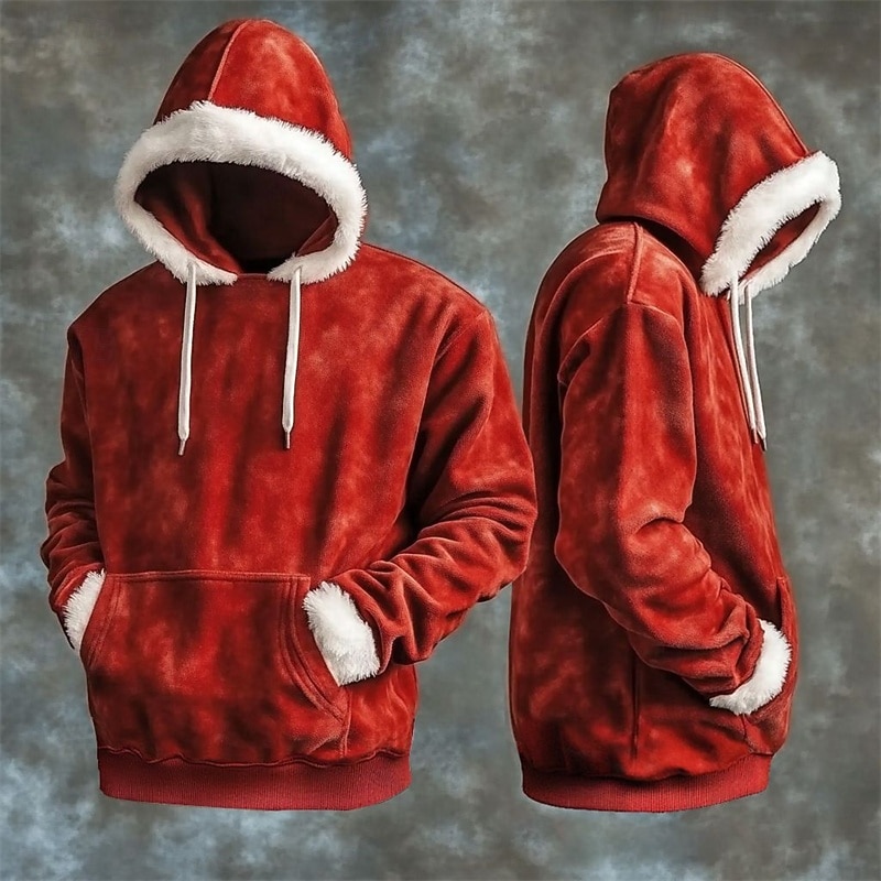 férfi karácsonyi kapucnis pulóver hangulatos piros és zöld színű blokkos pulóver klasszikus vintage pulóver ünnepi téli pulóver zsebes karácsonyi ajándékokkal 2025 - $26.99 –P1