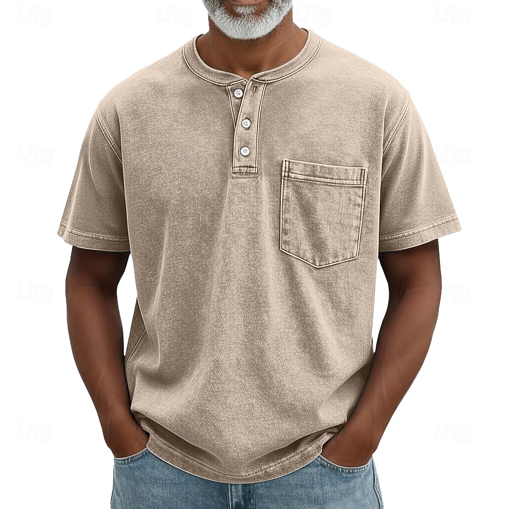 SoftFade™ Heren Henley Shirt 100% Katoen Acid Wash Shirt T shirt Tee Korte Mouw Retro Vintage Casual Button Up Zak Garment Dyed Zomer Lente Herfst Donkerbruin Zwart Roze Henley T-Shirt 2026 - $31.99 –P8