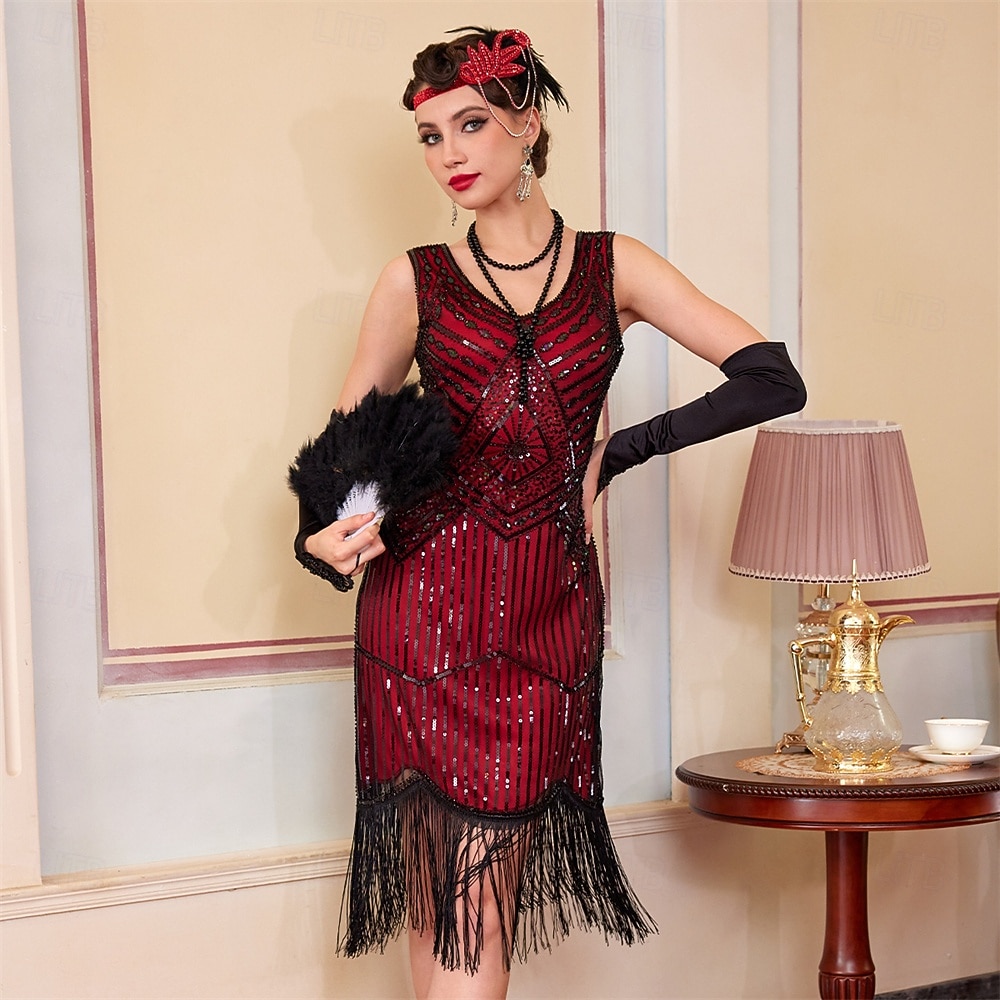 Roaring 20s 1920s Knee Length Flapper Dress Sleeveless The Great Gatsby Sequins Fringe V Neck Fancy Dress Women's Christmas Carnival speakeasy Masquerade Retro Theme Party Adults' Dress 2026 - $55.99 –P2