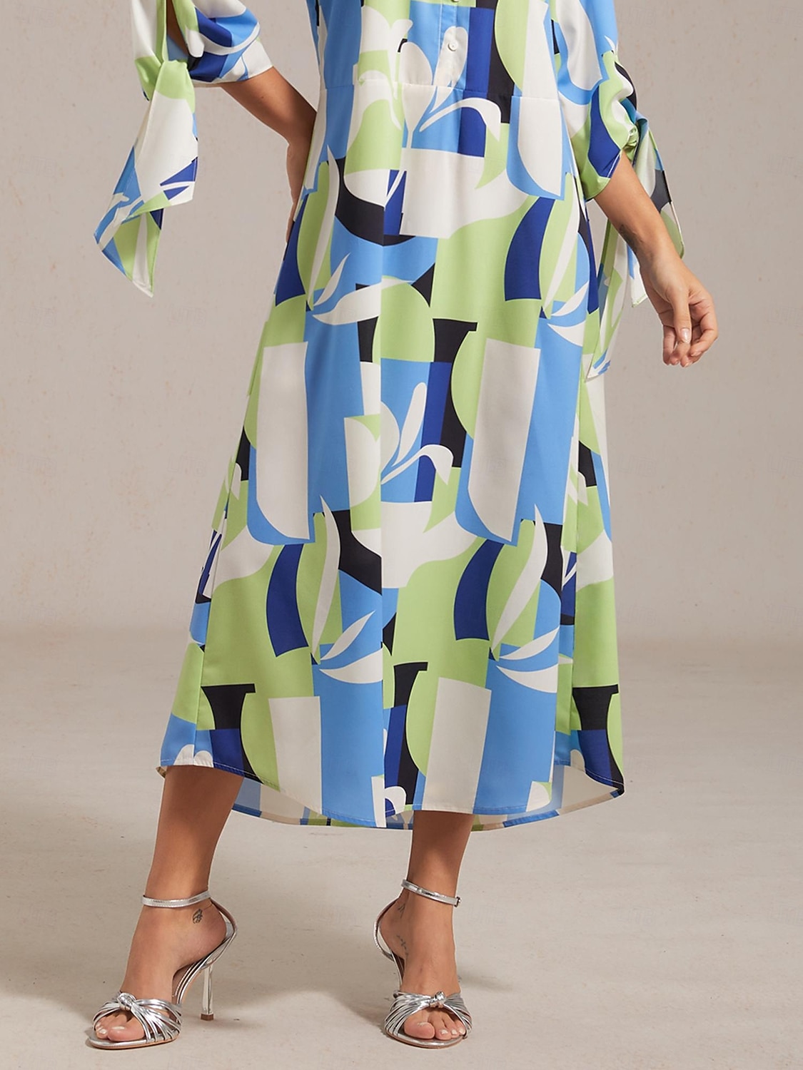 Women's Maxi Dress Green Geometric Floral Patchwork Print Stand Collar 3/4  Sleeve Spring Autumn 2026 - $16.99