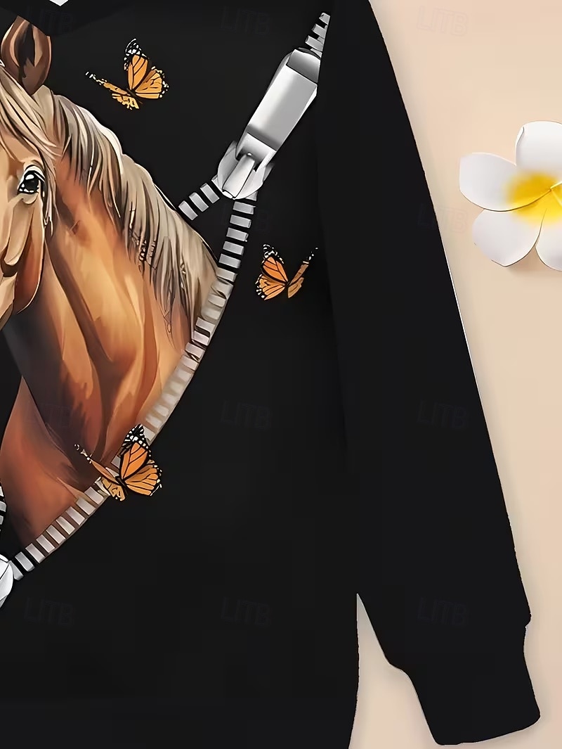 Lány 3D Grafika Állat Ló Kapucnis felsőrész Pullover Hosszú ujj 3D nyomtatás Tavasz Ősz Sportok Divat Utcai sikk Gyerekek 4-12 év Kapucni Szabadtéri Hétköznapi Napi Normál 2026 - $18.99 –P4