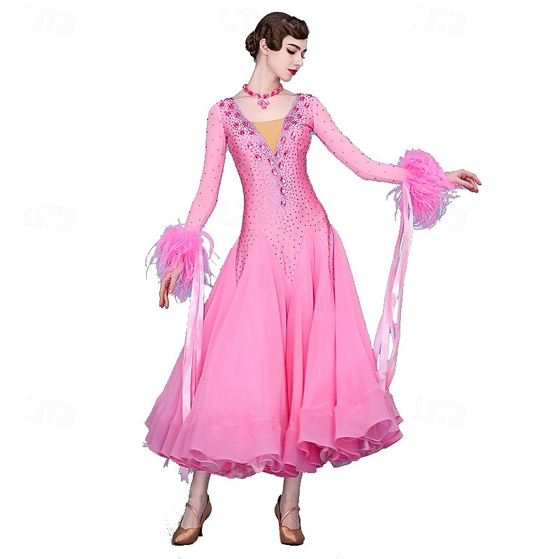 Balli da Sala Vestito Pieghe Giunzione Cristalli / Strass Per donna Performance Allenamento Manica Lunga Alto Spandex Chiffon Rete del 2026 a $950.09 –P6