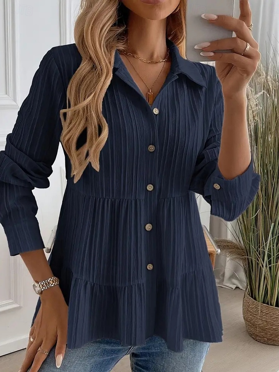 Damen Bluse Gerafft Knöpfe Einfarbig Stilvoll Lässig Langarm Hemdkragen Normale Oberteile Täglich Salbeigrün Schwarz Rote Marineblau Aprikose Frühling Herbst Winter 2026 - $26.99 –P9