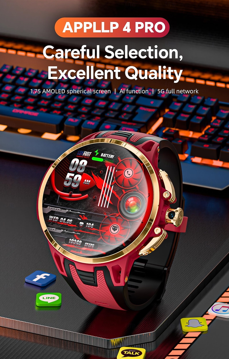 Relógio inteligente Lokmat Appllp 4 Pro de 1,75 polegadas com 4G LTE, pedômetro, lembrete de chamadas, monitor de sono, compatível com Android e iOS, unissex, GPS, IPX-1, caixa de 50 mm. de 2026 por $213.09 –P4