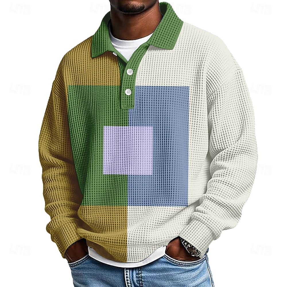 Homme Bloc de Couleur Géométrique Chemises Polo Gaufre Texturé manche longue Polos Revers Occasionnel Athleisure Tenue quotidienne Impression 3D Printemps Automne Hiver bleu marine Bleu Ciel Vert de 2026 ? $28.99 –P3