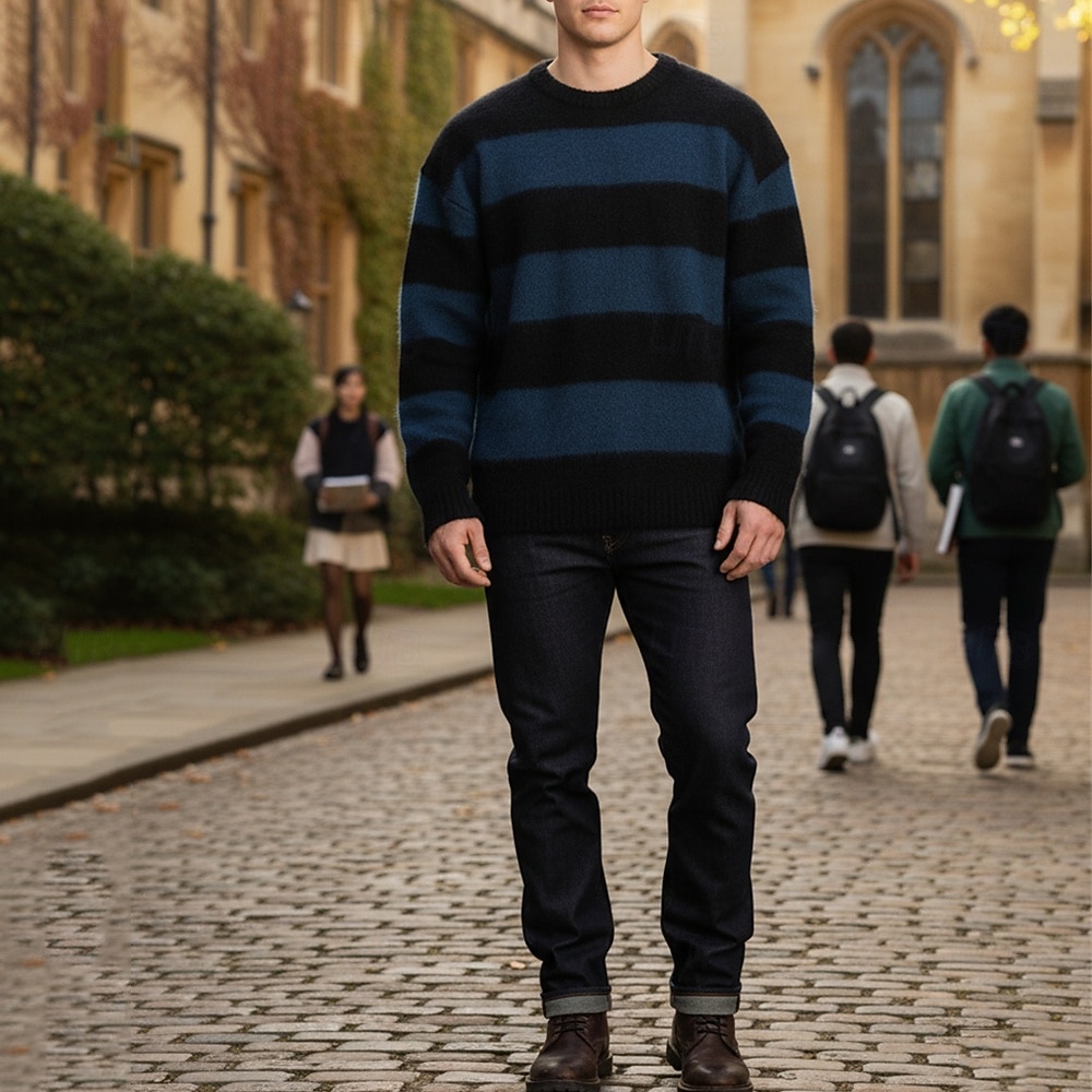 Herren Weihnachtspullover Pullover Strickpullover Gerippt Stricken Normale Oberteile Gestrickt Gestreift Rundhalsausschnitt Mode Basic Weihnachten Urlaub Bekleidung Herbst Winter Weiß Blau M L XL 2026 - $34.99 –P4