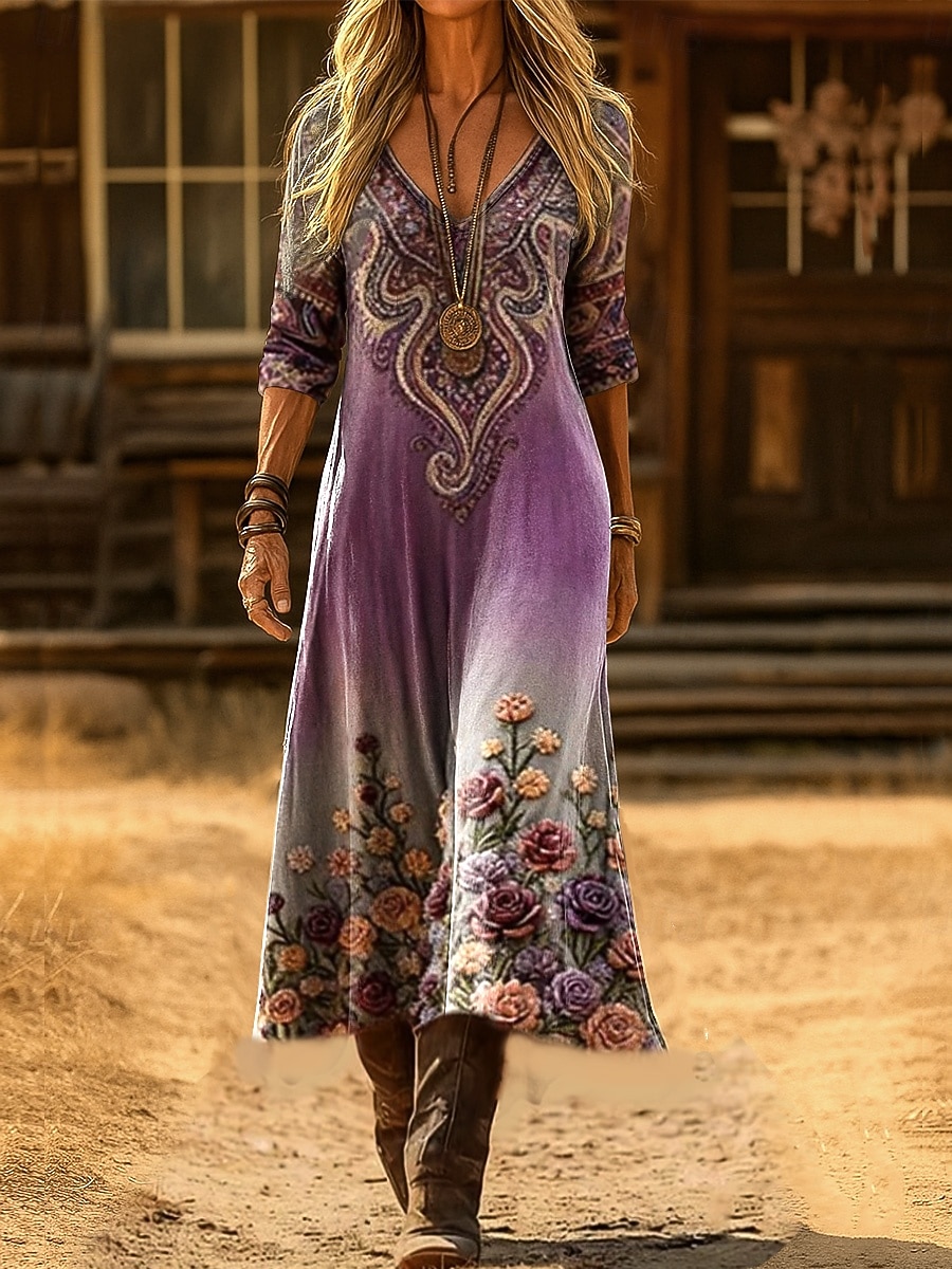 Women's Maxi Dress Boho Sheath Dress Party Casual  Daily Date Going out Loose Fit Floral Graphic Paisley Long Sleeve V Neck Black Red Purple Orange Spring Fall Winter 2026 - $41.99 –P1