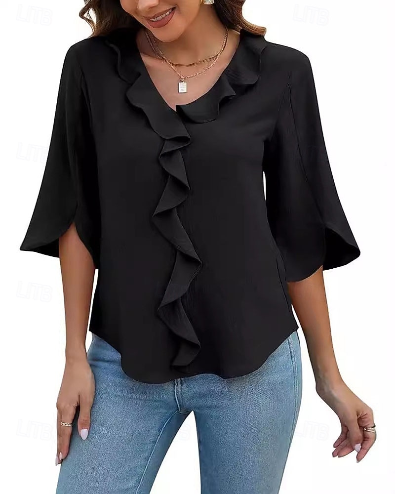 Women's Blouse Ruffle Plain Elegant Stylish Long Sleeve V Neck Regular Tops Holiday Going out Black Pink Navy Blue Sky Blue Summer Spring Fall 2026 - $16.49 –P1