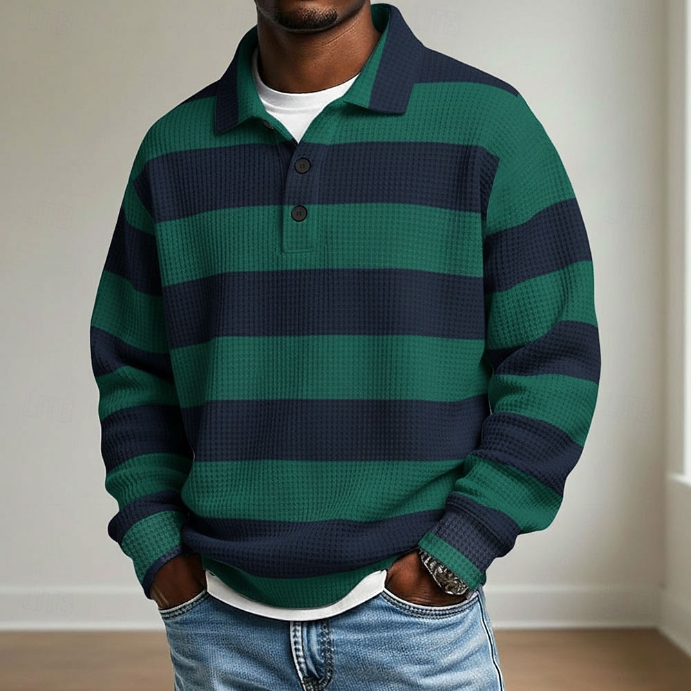Men's Horizontal Stripes Waffle Polo Shirts Rugby Polo Rugby Polo Shirts Long Sleeve Polo Shirts Collared Shirts Casual Athleisure Daily Wear Buttons Spring Fall Winter Blue Red Green 2026 - $26.99 –P1