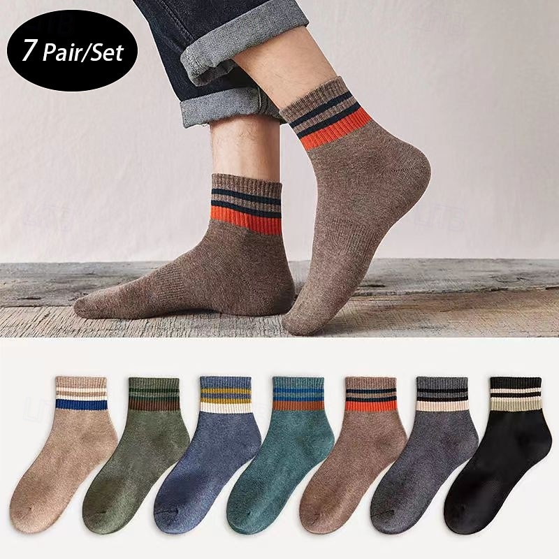 Муж. 7 пар Носки Носки для бега Повседневные носки Синий Черный Цвет Полоски на открытом воздухе Отпуск На каждый день Средней плотности Весна Осень Мода Уличный стиль 2026 - $6.99 –P1