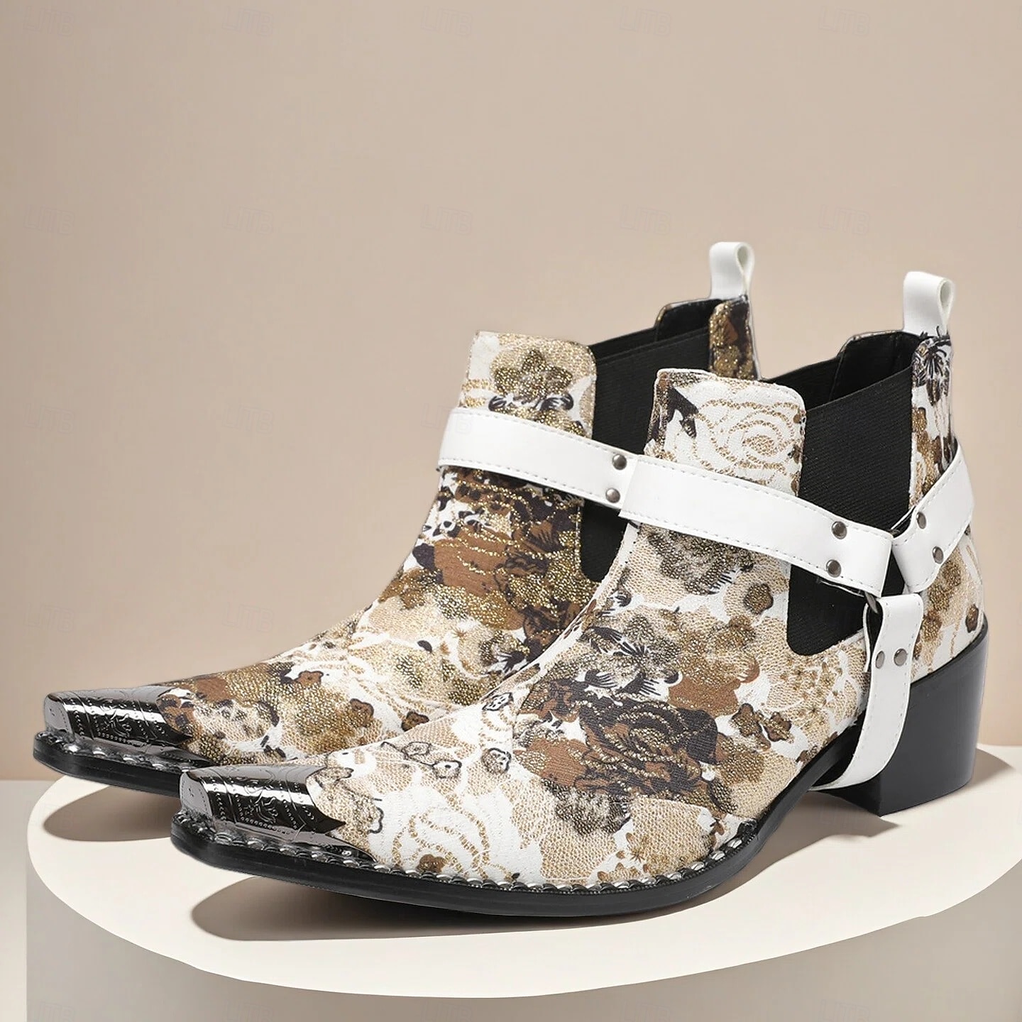 Miesten kukkakuvioiset valkoiset nahkaiset nilkkurit - muodikas solkiyksityiskohta rohkealla kukkakuviolla, täydellinen katutyyliin ja rennoille tilaisuuksille 2025 - $139.99 –P1