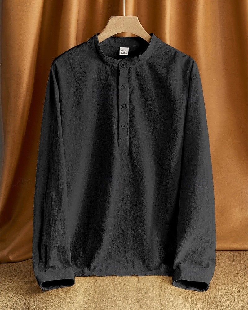 Per uomo Camicia Camicia di lino Camicia popover Camicia casual Camicia di cotone Semplice Vacanza Camicia hawaiana Nero Bianco Cachi Verde militare Manica Lunga Colletto alla coreana Primavera del 2025 a $24.99 –P14