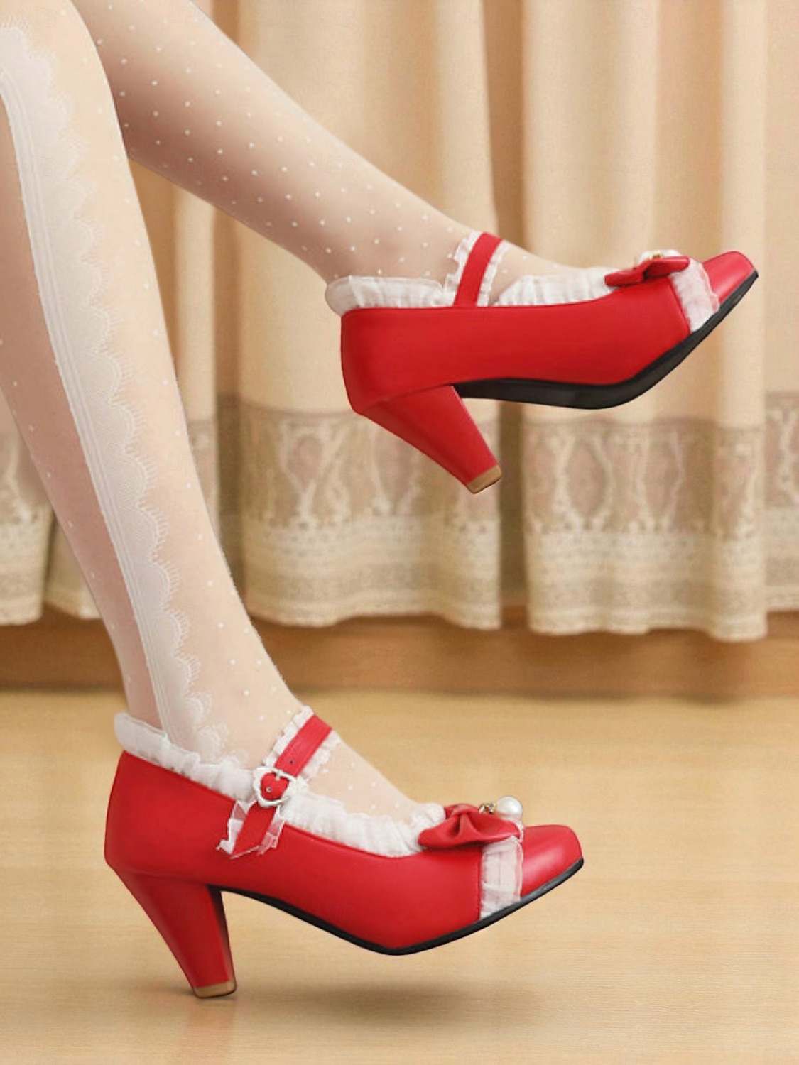 Rote Mary-Jane-Pumps für Damen mit Schleife und Perlenverzierung – eleganter Lolita-Stil der 1950er Jahre, perfekt für Weihnachtsfeiern, formelle Anlässe und besondere Gelegenheiten. 2026 - $54.99 –P1