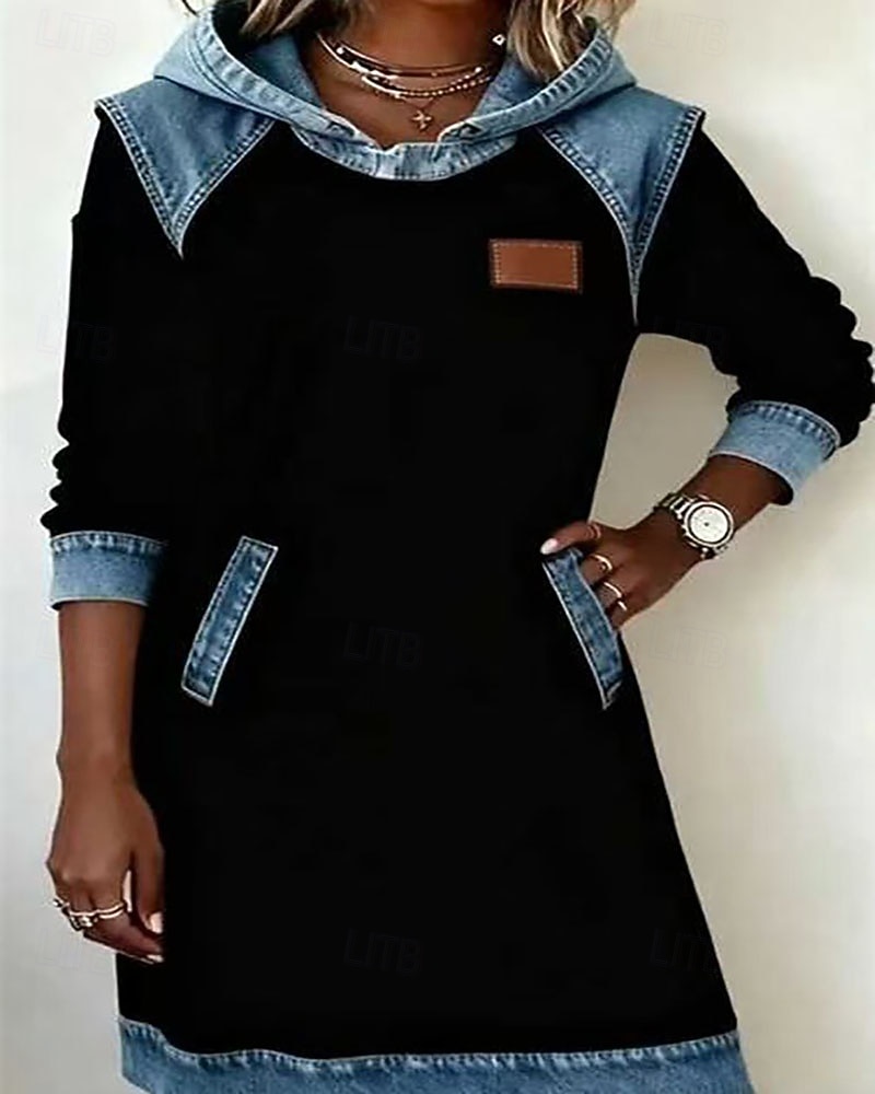 2026年 女性用 ミニドレス パーカードレス カジュアルドレス ファッション 近代の 日常 アウトドア バケーション レギュラー 平織り 長袖 フード付き ブラック ホワイト イエロー グリーン 秋 冬  コレクション – $44.99 –P5