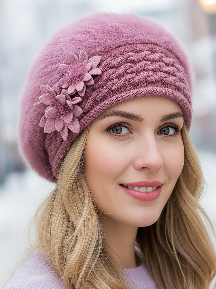 Dame vinterberet med 3D-blomster – mykt fuskepelsmateriale med fleecefôr, stilig strikkedesign, tilgjengelig i flere farger, perfekt for kaldt vær og høytidsklær 2025 - $14.99 –P1
