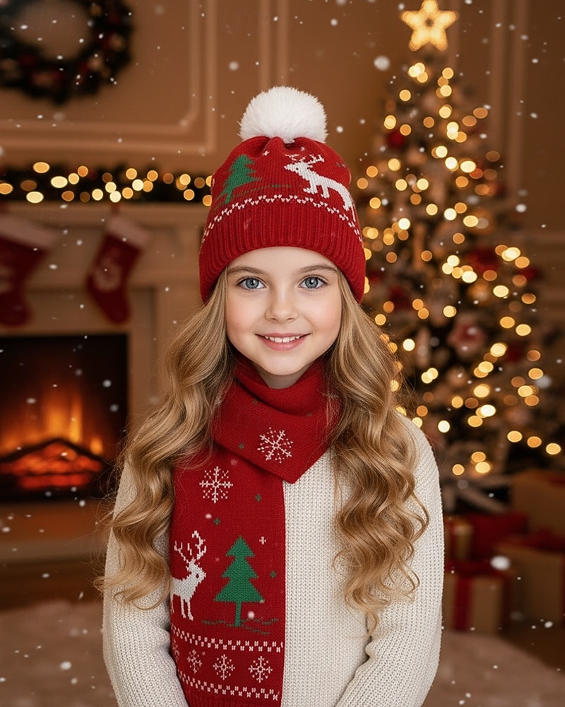 مجموعة قبعة ووشاح عيد الميلاد للأطفال، محبوكة ناعمة مع أنماط الرنة والأشجار، إكسسوارات شتوية دافئة للأولاد والبنات، مثالية للاحتفالات بالعطلات وعيد الميلاد 2025 - $11.99 –P1