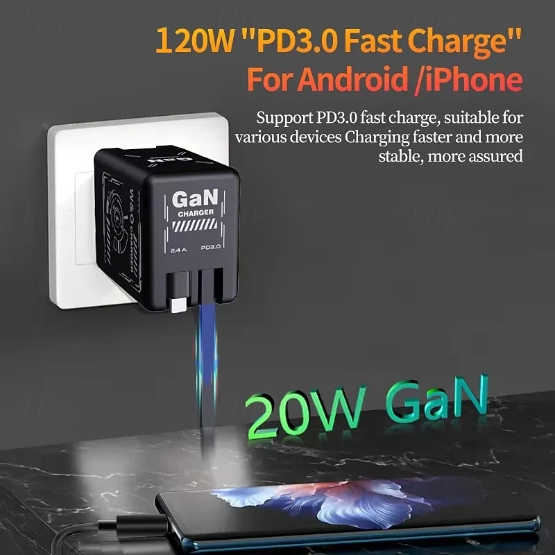 Carregador portátil rápido de 120 W com cabo USB-C e Lightning, compatível com iPhone 15/16/17 e Samsung, ideal para jogos e viagens. Design compacto e específico para tomadas europeias. de 2025 por $22.99 –P4