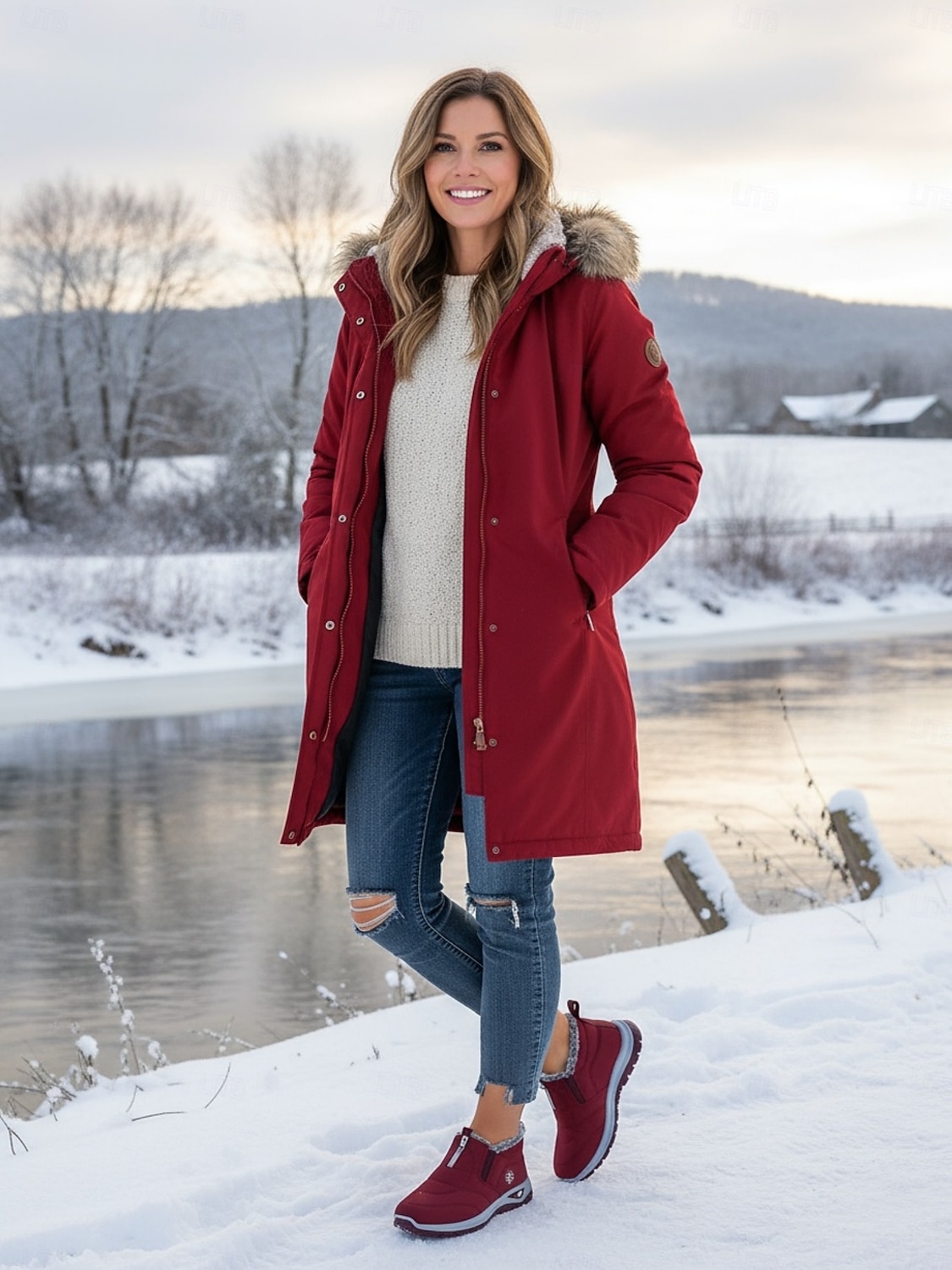 Sneakers invernali da donna in caldo pile foderate in bordeaux - comode scarpe da esterno comode e impermeabili slip-on per il freddo e i viaggi di Natale del 2026 a $24.99 –P7