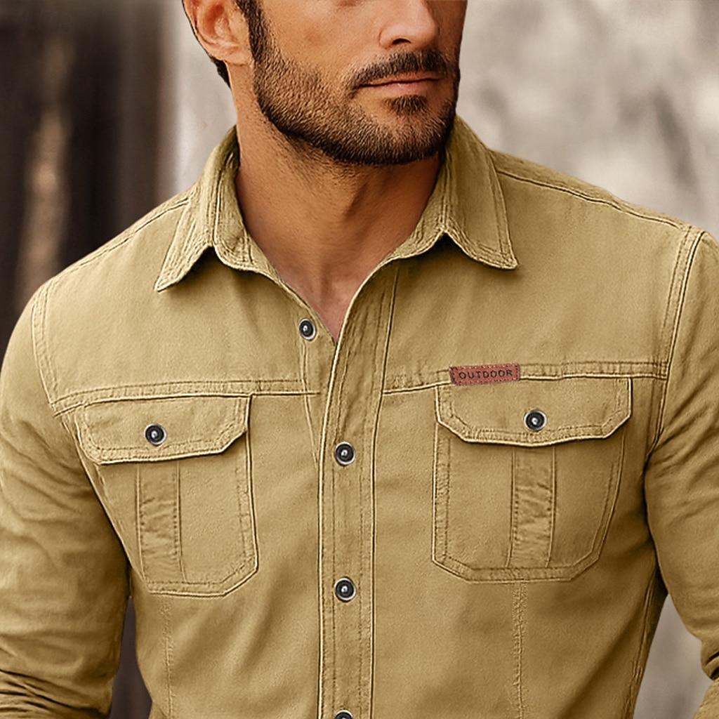 Муж. Западная рубашка Рубашка-карго Ковбойская рубашка Хаки Военно-зеленный Длинный рукав Сплошной цвет Полотняное плетение Отложной Для занятий спортом Повседневные Карман Одежда 2026 - $26.99 –P3