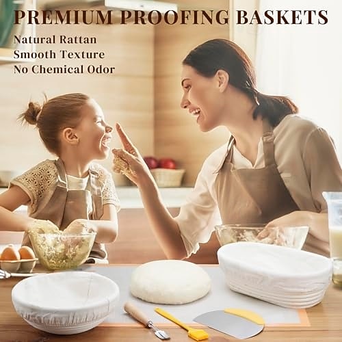 kovászos kezdőkészlet tartalmaz egy 23 cm-es kört &25 cm-es ovális banneton kenyérkelesztő kosár kenyérsütővel, tésztakaparóval, tésztakeverővel, szilikonkefével és szűrővel 2026 - $77.99 –P6