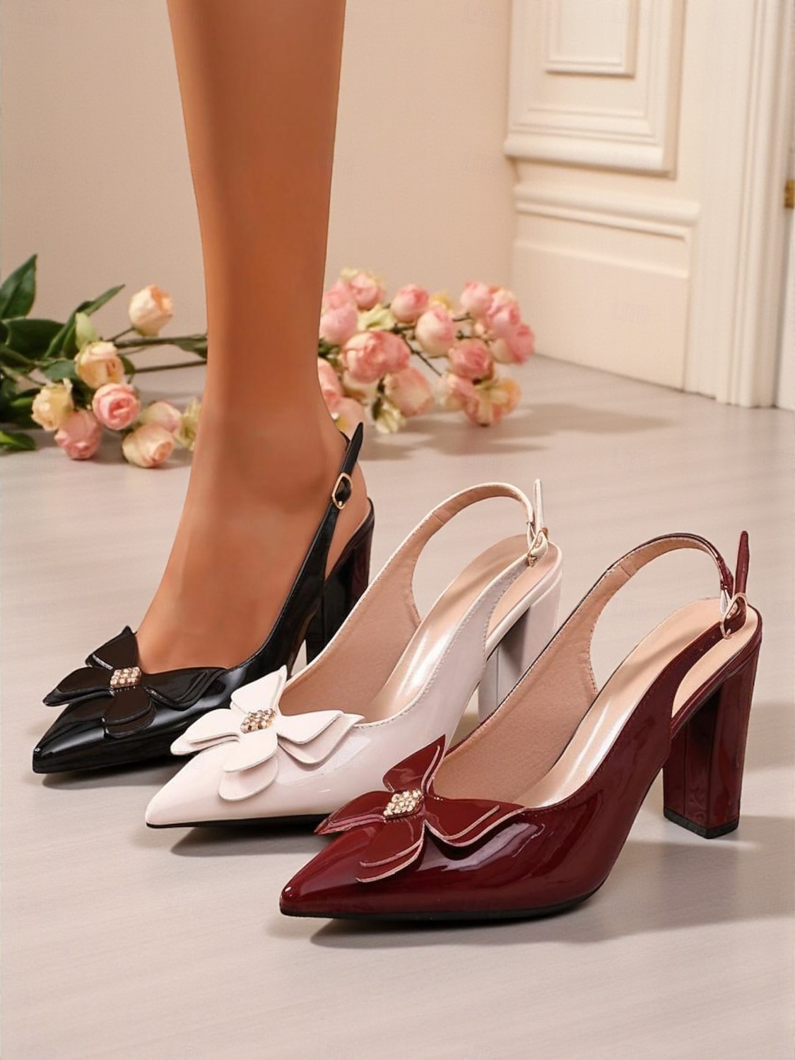 Γυναικεία μπορντό ψηλοτάκουνα πέδιλα με slingback και φιόγκο - γόβες με μυτερή μύτη για γραφείο, ραντεβού και ειδικές περιστάσεις 2026 - $46.99 –P1