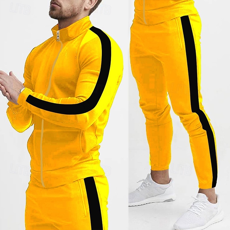 Men's Sweatshirt Tracksuit Outfit Set Stand Collar Outdoor Daily Sports Drawstring Zip Up Pocket Color Block Yellow Red Navy Blue Polyester Activewear Fashion Streetwear Spring 2026 - $45.99 –P2