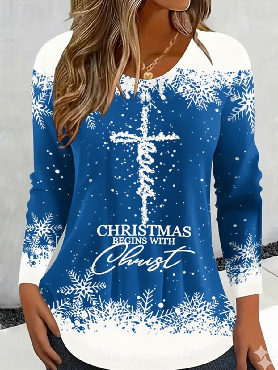 Χριστουγεννιάτικα γυναικεία T-shirt γραφικά vintage μόδας στυλάτο μακρύ μανίκι crew neck στρογγυλή στολή κανονικά μπλουζάκια καθημερινής εκτύπωσης Σαββατοκύριακου μαύρο χρυσό καλοκαίρι άνοιξη 2026 - $6.49 –P7