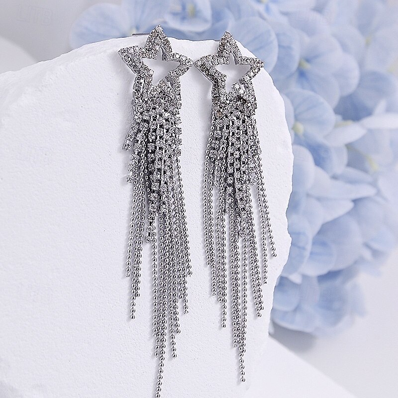 Stříbrné náušnice ve tvaru hvězdy s třpytivými křišťálovými střapci – okouzlující dlouhé visací náušnice pro ženy 2026 - $11.99 –P3