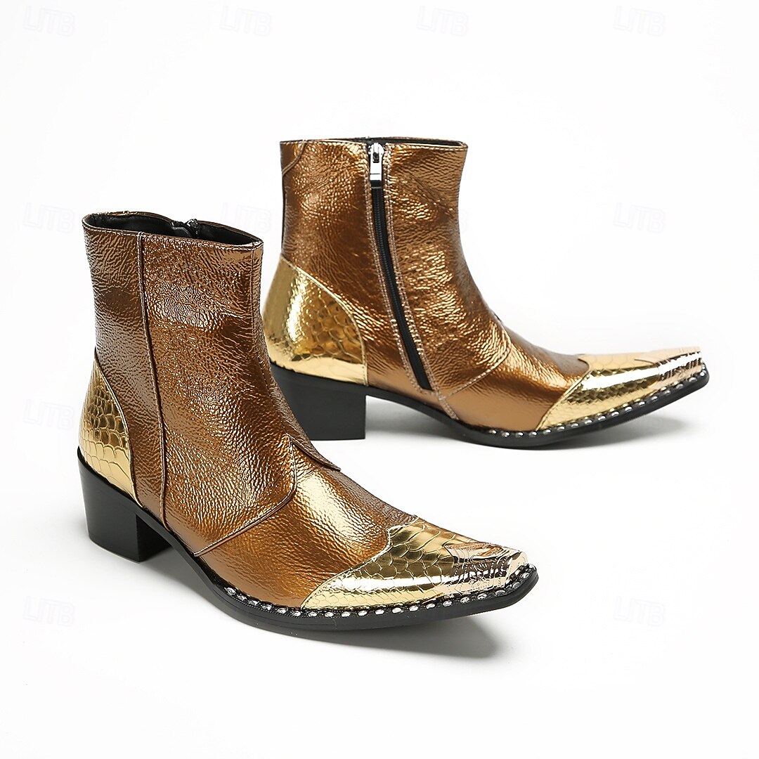 Miesten ruskeat ja kultaiset nahkaiset nilkkurit - metallinhohtoinen viimeistely, tyylikäs muotoilu ja mukava istuvuus, ihanteellinen rentoon ja puoliviralliseen kokoontumiseen 2025 - $159.99 –P8