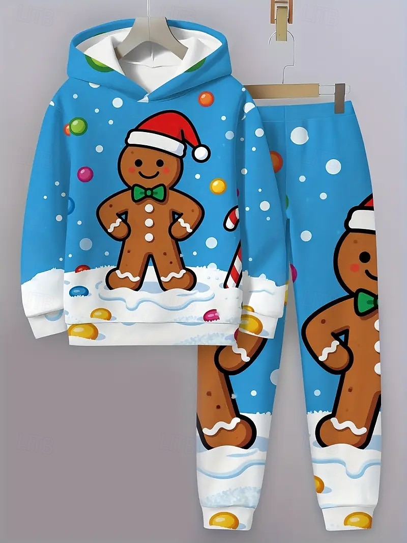 Kerstmis Jongens 3D Grafisch Ruitjes Peperkoek mannen Kerstsets kerstcadeau Set met capuchon en joggingbroek Lange mouw Lente Herfst Dagelijks Basic Casual Kinderen 4 jaar + Capuchon Buiten Vakantie 2025 - $26.99 –P12