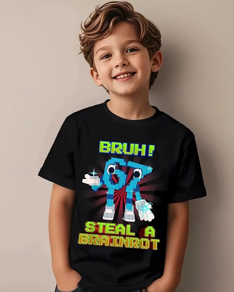Bomull Barn Gutt Svart Grafisk Morsom slang 67 T skjorte Bluse Crew-hals Kortermet utendørs Hverdag Mote Gatemote Designer Printer Sommer 2026 - $14.99 –P1