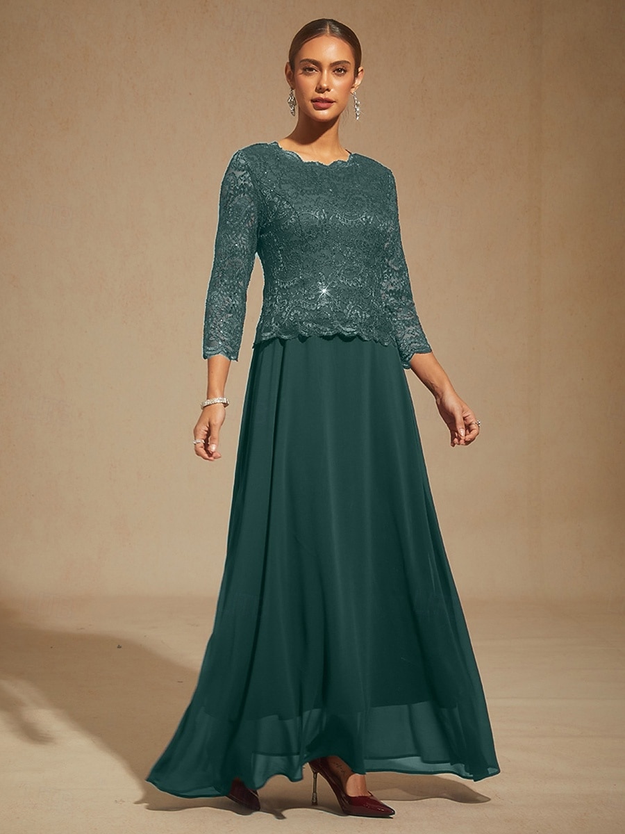 Dames Maxi-jurk Chiffon jurk Elegant Bruiloft gast Avond Feest Normale pasvorm Effen Kleur 3/4 mouw Strakke ronde hals Smaragdgroen Lente Herfst Winter 2025 - $151.99 –P5