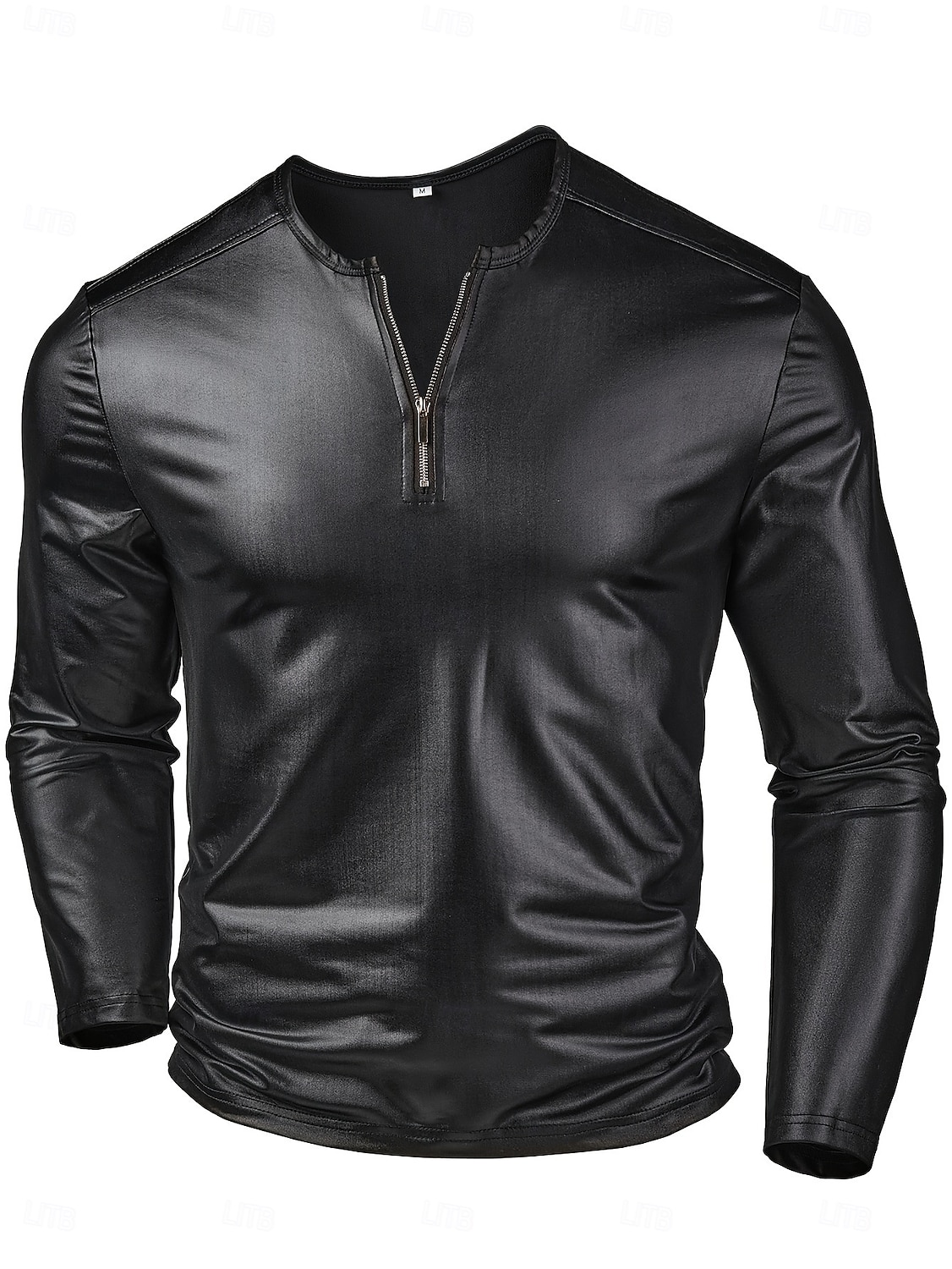 Camiseta de piel sintética para hombre, manga larga, cuello redondo, ideal para invierno y primavera. &Camiseta negra informal de punto de color liso para hombre, ideal para otoño y todas las 2026 - $29.99 –P4